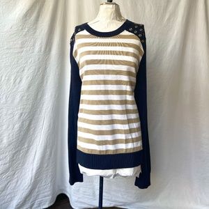 Michael Kors Sweater Sz L white tan stripe with navy sleeves